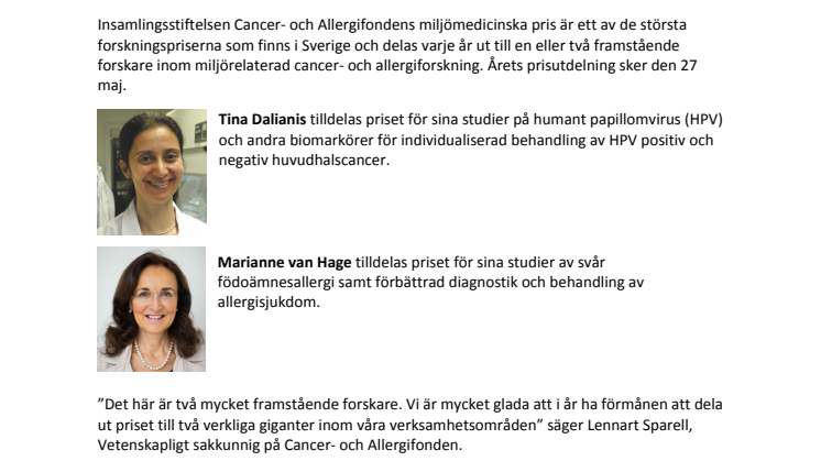 ​Årets Miljömedicinska pris på 500 000 kr tilldelas Tina Dalianis och Marianne van Hage