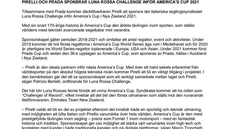 Pirelli och Prada sponsrar Luna Rossa Challenge inför America's Cup 2021