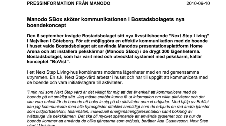 Manodo SBox sköter kommunikationen i Bostadsbolagets nya boendekoncept