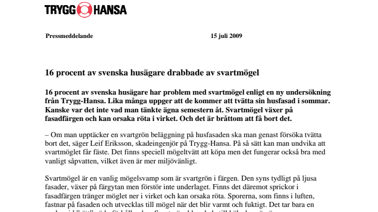 16 procent av svenska husägare drabbade av svartmögel