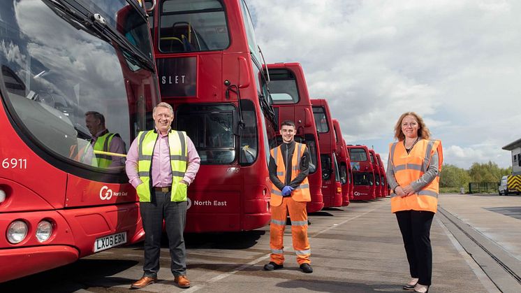 L-R Colin Barnes, Engineering Director at Go North East with apprentice Oliver Barry and Suzanne Slater, Assistant Principal for Apprenticeships at Gateshead College