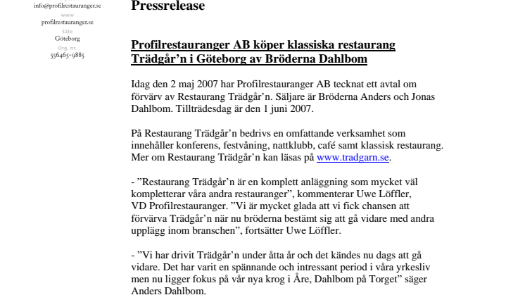Profilrestauranger AB köper klassiska restaurang Trädgår’n i Göteborg av Bröderna Dahlbom