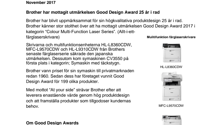 Brother har mottagit utmärkelsen Good Design Award 25 år i rad