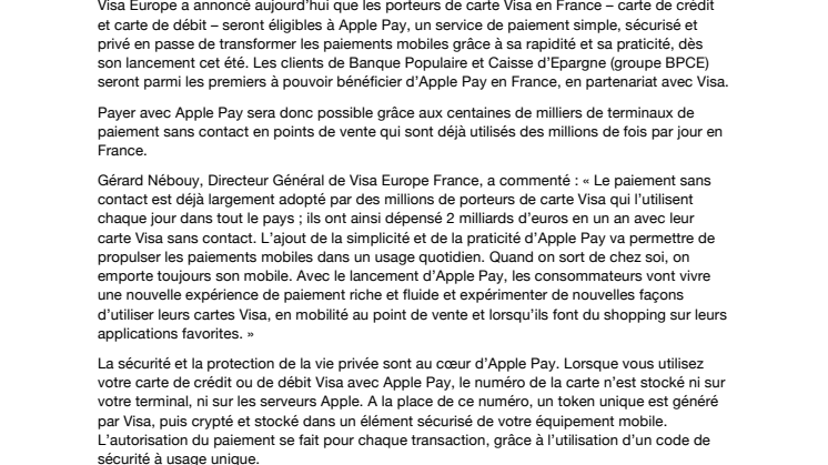 Visa Europe annonce que les porteurs de carte Visa en France seront éligibles à Apple Pay dès son lancement cet été