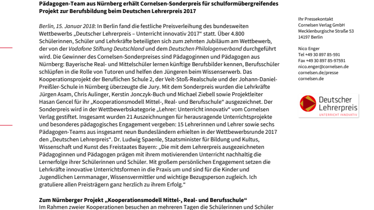 Pädagogen-Team aus Nürnberg erhält Cornelsen-Sonderpreis beim "Deutschen Lehrerpreis" 