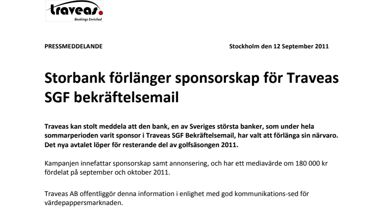 Storbank förlänger sponsorskap för Traveas SGF bekräftelsemail  