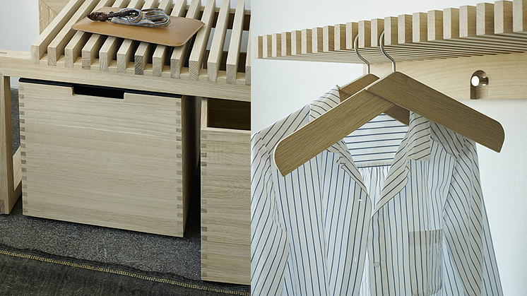 Collar Coat Hanger designad av TAF samt Cutter Wardrobe, Cutter Bench och Cutter Box designad av Niels Hvass