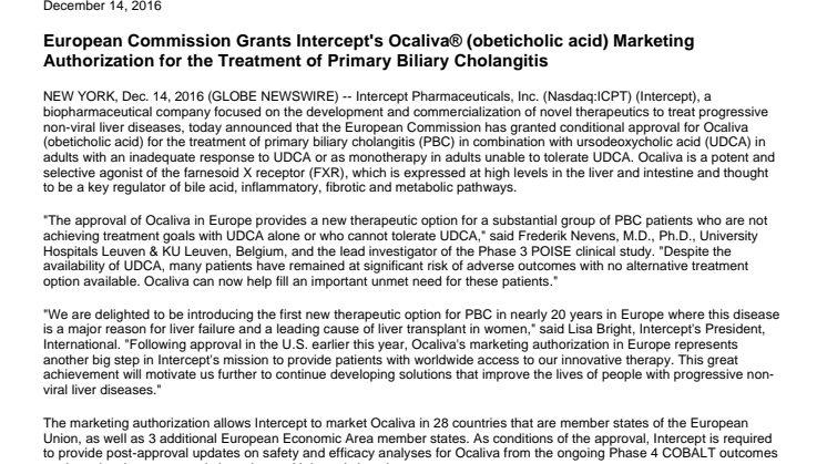 ​European Commission Grants Intercept's Ocaliva® (obeticholic acid) Marketing Authorization for the Treatment of Primary Biliary Cholangitis