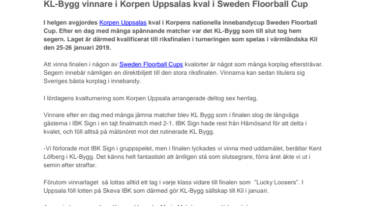 KL-Bygg vinnare i Uppsalas kval i Sweden Floorball Cup