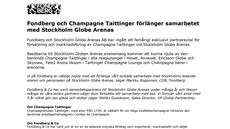 Fondberg och Champagne Taittinger förlänger samarbetet med Stockholm Globe Arenas