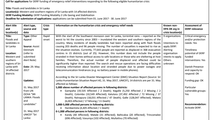 Alert Note: Floods & Landslides, Sri Lanka, (17-006-RO)