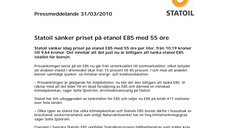 Statoil sänker priset på etanol E85 med 55 öre