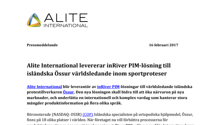 Alite International levererar inRiver PIM-lösning till isländska Össur världsledande inom sportproteser 