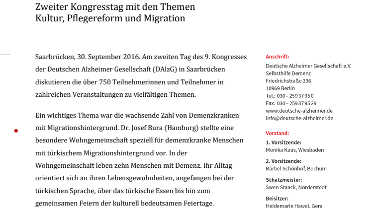 Zweiter Kongresstag in Saarbrücken mit den Themen Kultur, Pflegereform und Migration