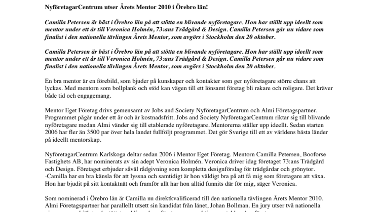 NyföretagarCentrum utser Årets Mentor 2010 i Örebro län!