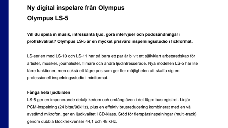 Olympus LS-5 - Ny digital inspelare från Olympus 