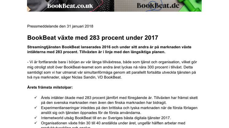 BookBeat växte med 283 procent under 2017