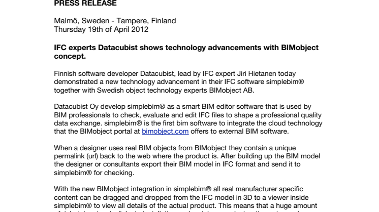IFC experts Datacubist shows technology advancements with BIMobject concept.