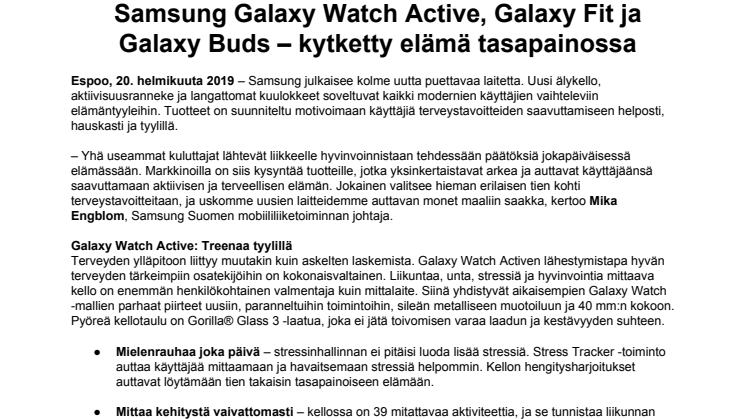 Samsung Galaxy Watch Active, Galaxy Fit ja Galaxy Buds – kytketty elämä tasapainossa