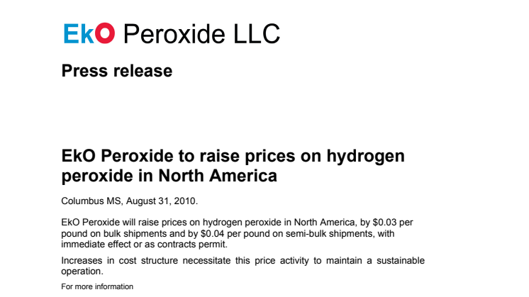 EkO Peroxide LLC increases prices on hydrogen peroxide 