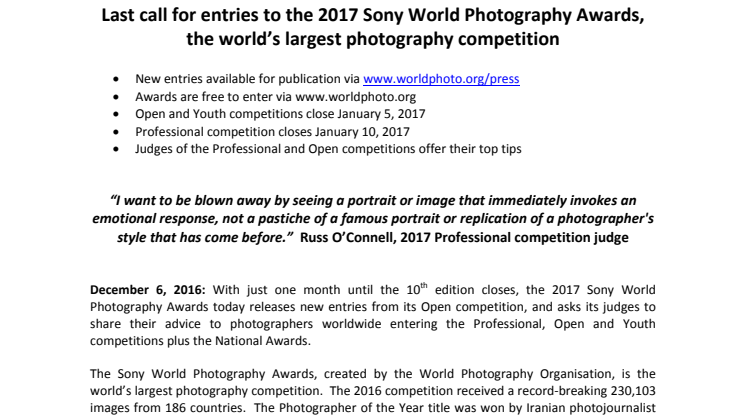 Sony World Photography Awards 2017 – sidste chance for tilmelding