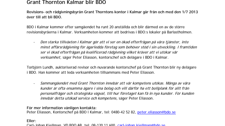 Grant Thornton Kalmar blir BDO