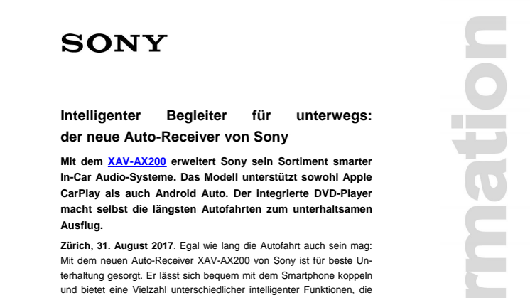 Intelligenter Begleiter für unterwegs:  der neue Auto-Receiver von Sony 
