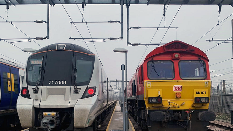 GTR's Class 717 Great Northern train stood alongside DB Cargo UK's Class 66 locomotive at GTR’s Hornsey depot