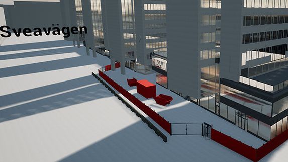Framtagen bild från TyrEngine som visar ombyggnationer med vy över Sveavägen, projekt Sergelgatan.
