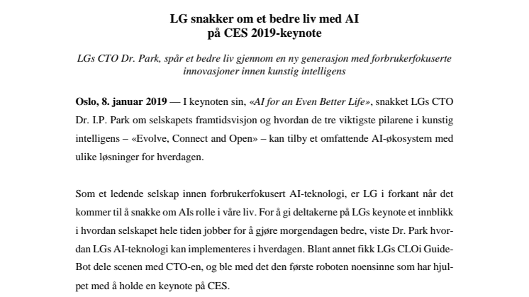 LGs CTO Dr. Park, spår et bedre liv gjennom en ny generasjon med forbrukerfokuserte innovasjoner innen kunstig intelligens