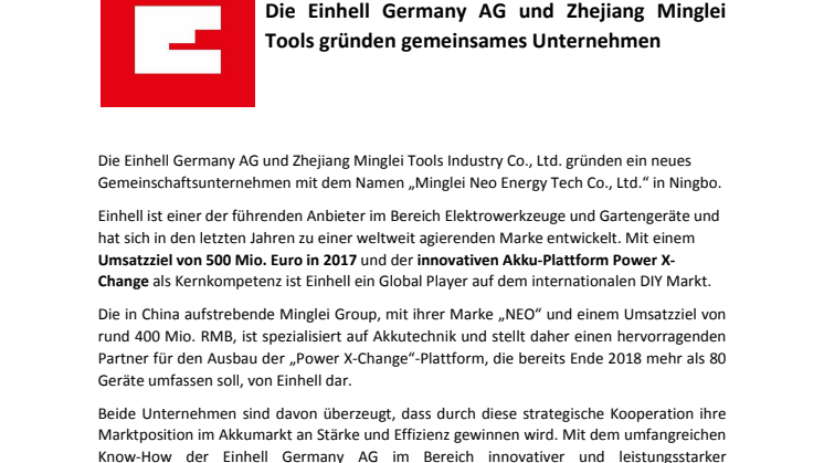 Die Einhell Germany AG und Zhejiang Minglei Tools gründen gemeinsames Unternehmen