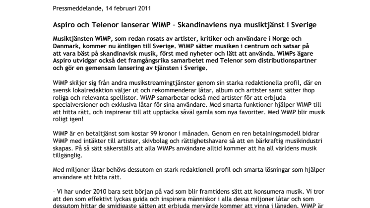 Aspiro och Telenor lanserar WiMP – Skandinaviens nya musiktjänst i Sverige