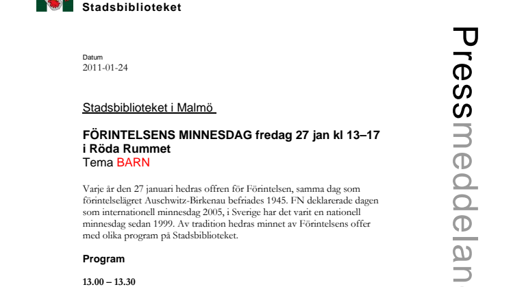 Stadsbiblioteket i Malmö: FÖRINTELSENS MINNESDAG fredag 27 jan – Tema BARN