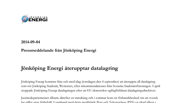 Jönköping Energi återupptar datalagring