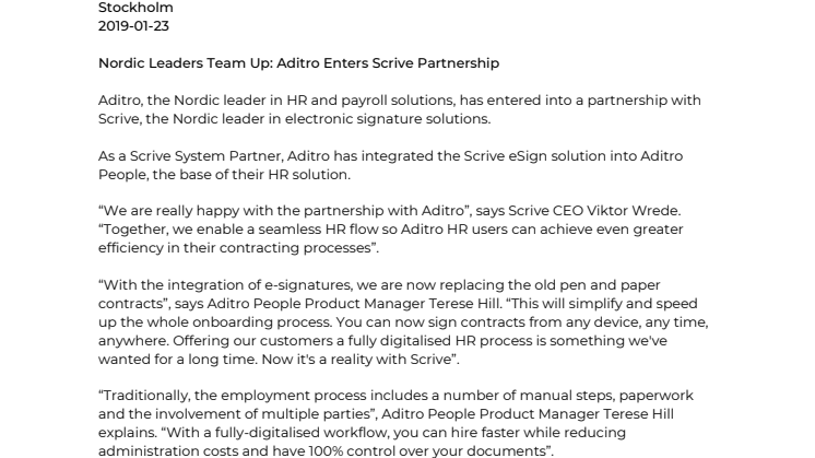 Nordic Leaders Team Up: Aditro Enters Scrive Partnership