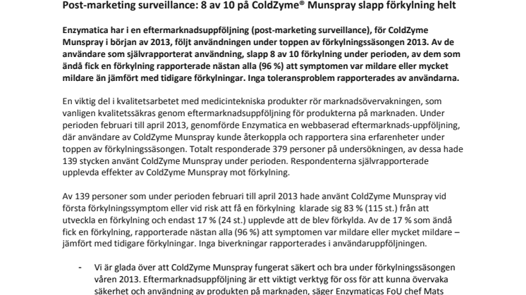 Post-marketing surveillance: 8 av 10 på ColdZyme® Munspray slapp förkylning helt