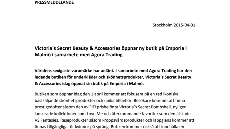 Victoria´s Secret Beauty & Accessories öppnar ny butik på Emporia i Malmö i samarbete med Agora Trading