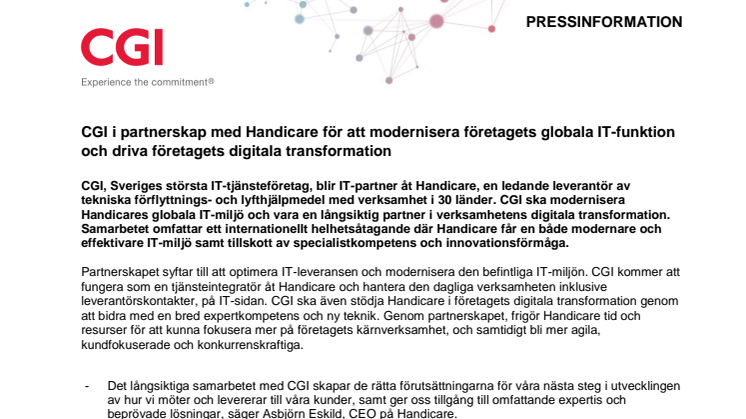 CGI i partnerskap med Handicare för att modernisera företagets globala IT-funktion och driva företagets digitala transformation