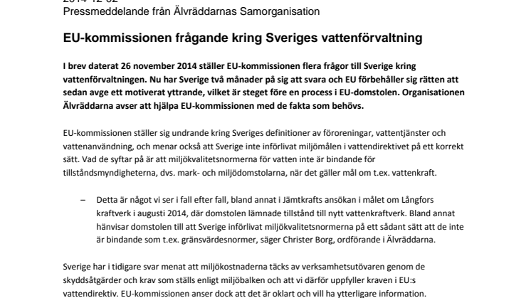 EU-kommissionen frågande kring Sveriges vattenförvaltning