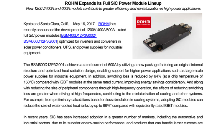 ROHM Expands Its Full SiC Power Module Lineup --- New 1200V/400A and 600A models contribute to greater efficiency and miniaturization in high-power applications
