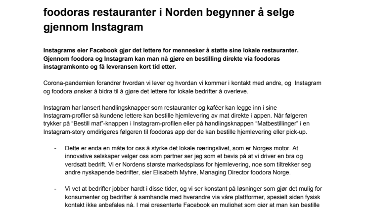 foodoras restauranter i Norden begynner å selge gjennom Instagram
