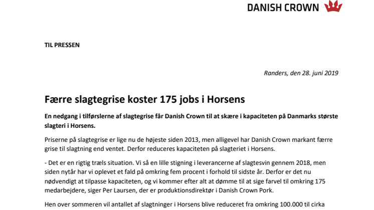 Færre slagtegrise koster 175 jobs i Horsens