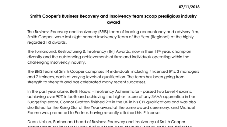 Smith Cooper’s Business Recovery and Insolvency team scoop prestigious industry award