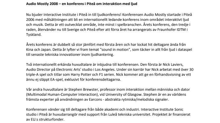 Audio Mostly 2008 – en konferens i Piteå om interaktion med ljud
