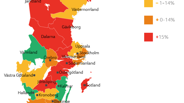 Konkurserna ökar fyra procent första halvåret. 14 av 21 län uppvisar en ökning.