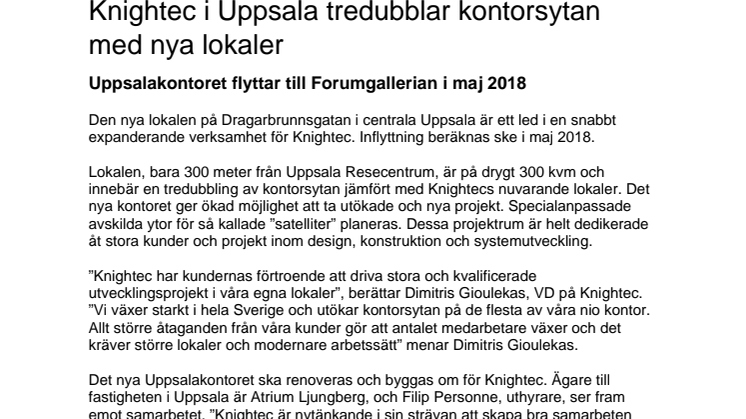 Knightec i Uppsala tredubblar kontorsytan  med nya lokaler 