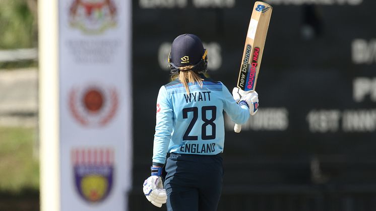 Danni Wyatt celebrates her maiden ODI ton. Image: Malaysia Cricket Association