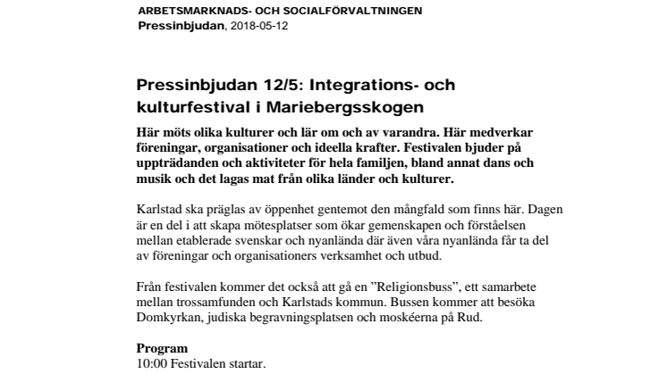 Pressinbjudan 12/5: Integrations- och kulturfestival i Mariebergsskogen