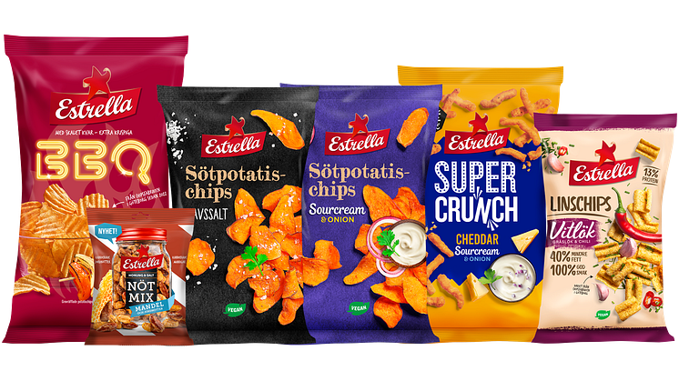Årets första nyheter från Estrella 2022: två Sötpotatischips, Nötmix Mandel, BBQ-chips, Super Crunch och Linschips Vitlök Gräslök Chili.