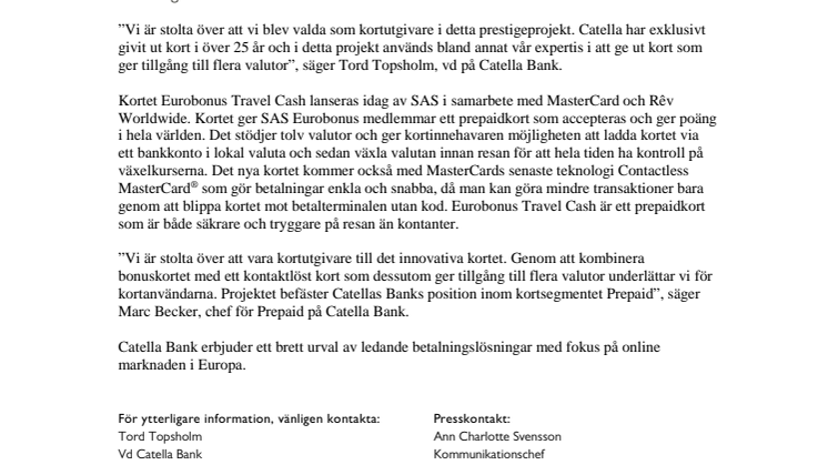 Catella Bank kortutgivare till SAS/Mastercard Eurobonus Travel Cash